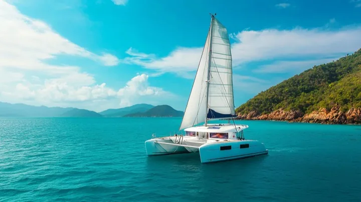 Catamaran sailing past a green island in turquoise water