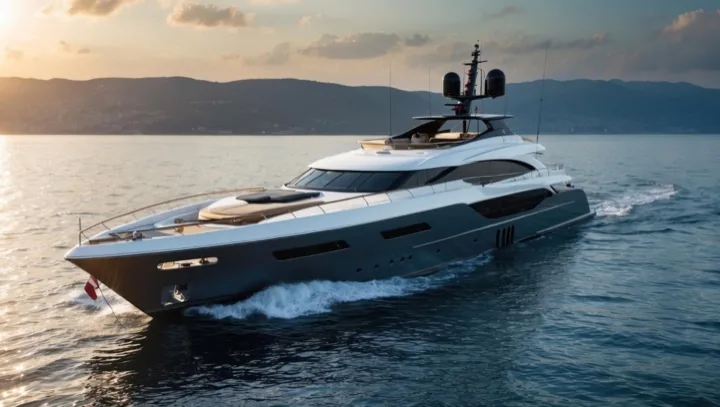Superyacht at anchor at sunset