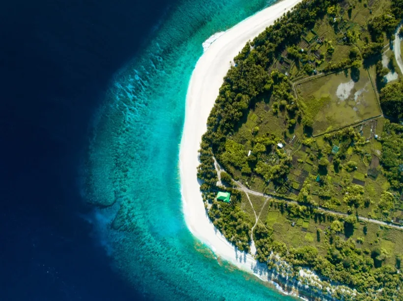 Aerial view of a tropical Caribbean island beach