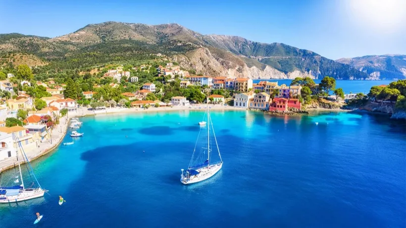 Colourful harbour village on a Greek island